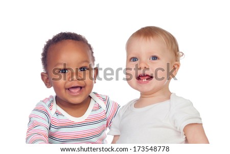 Couple of Babies African and Caucasian laughing on white background