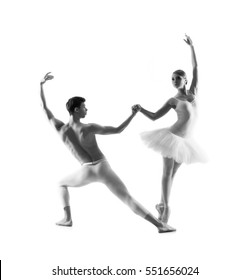 Couple of ballet dancers isolated on white. Black and white