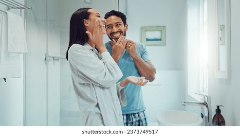 Couple, bathroom and cleaning face for skincare, routine and comic joke with cream, serum and product. Man, woman and funny with facial oil moisturiser for health, wellness and self care in apartment