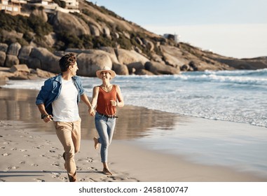 Couple, beach and holding hands in running, happy and holiday for vacation, ocean and cropped shot. Romantic, summer and travel, bonding and sea or outdoor, sand and romance in miami for honeymoon - Powered by Shutterstock