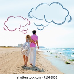 Couple At The Beach Holding Hands And Walking. Sunny Day, Bright Colors. Europe, Spain, Costa Blanca. Blank Cloud Balloon Overhead