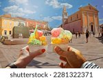 Couple with beautiful bright sweet ice cream of different flavors in the hand.Background of   view of the see and old street  in  Porec .Porec is a tourist destination on Adriatic coast of Croatia.Tra