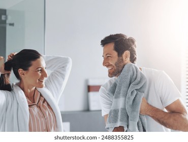 Couple, beauty and happy in bathroom for morning routine with skincare, grooming and haircare in home. People, laughing or getting ready with hygiene preparation, start of day or wellness for wake up - Powered by Shutterstock