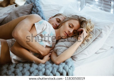 Naked blondes couple in bed agree, very Naked blondes couple in bed