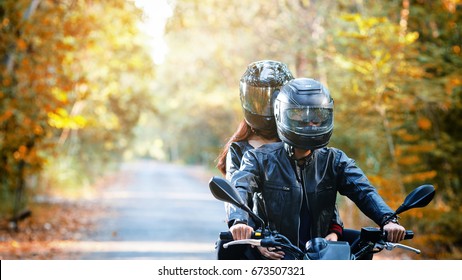 Couple Biker Riding Motorcycle 