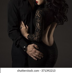 Couple In Black, Woman And Man No Faces, Sexy Lady Lace Dress With Naked Back