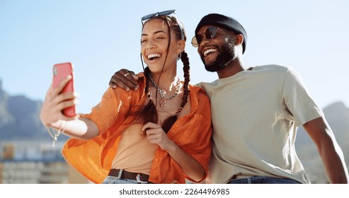 Couple, bonding and phone selfie on city building rooftop on New York summer holiday, travel vacation date or social media memory. Smile, happy or black man and woman on mobile photography technology - Shutterstock ID 2264496985