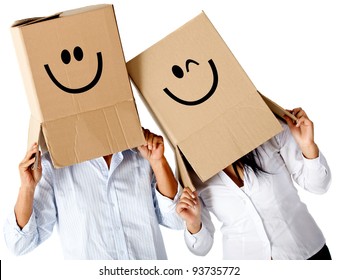 Couple of cardbord characters with smiley faces - isolated over a white background - Powered by Shutterstock