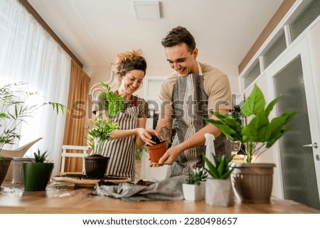 Couple caucasian man and woman wife and husband planting flowers together taking care of home plants real people domestic life family gardening concept copy space