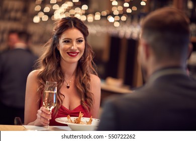 Couple celebrate Valentine's day with romantic dinner in restaurant