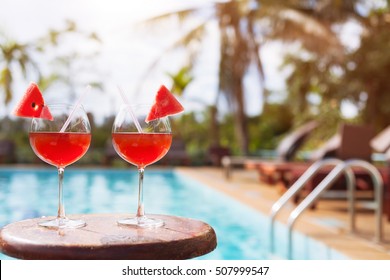 Couple Of Cocktails In Luxurious Beach Hotel Near Swimming Pool