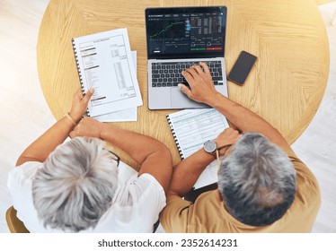 Couple, computer screen and data analysis, stock market graphs and budget, financial planning or asset management above. Senior people on laptop for trading, investment and accounting report or stats - Powered by Shutterstock