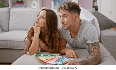 A couple contemplates home renovation decisions, as they lie together on a gray couch, holding a color swatch - Powered by Shutterstock