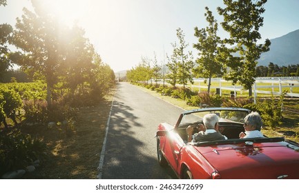 Couple, convertible and driving road trip or travel journey to California vineyard, adventure or transportation. People, nature and tourism holiday for explore together in retirement, morning or love - Powered by Shutterstock