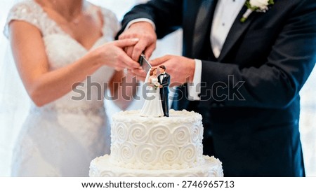 A couple cuts a wedding cake featuring a miniature bride and groom figurine