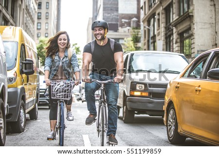 Couple of cyclist in New York - Couple of lovers sightseeing Manhattan on bikes