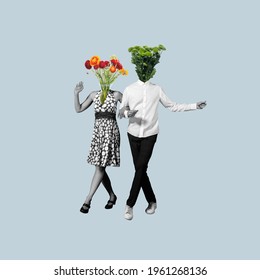 Couple Of Dancers Headed With Flowers And Plants On Blue Pastel Background. Copy Space For Ad, Text. Modern Design. Conceptual, Contemporary Bright Artcollage. Summertime, Surrealism, Fashionable.