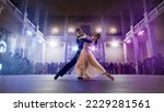 Couple dancers perform waltz on large professional stage. Ballroom dancing.