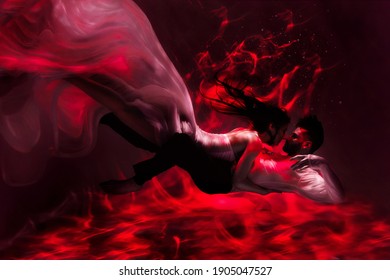 The couple is dancing or hugging in the pool underwater. A girl in a dress with a long train and a guy swim underwater. Red background. The kind of fire.