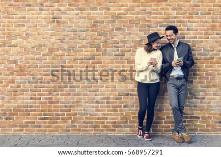 Couple Dating Happiness Traveling Using Smart Phone