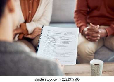 Couple, Divorce Form And Family Lawyer For Therapy And Documents Apply For Legal Advice Together. Meeting, Marriage Compliance Worker And Conversation With Application Contract On Sofa In Office
