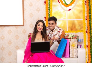 Couple Diwali Festival Celebration & Shopping. Enjoying Diwali Festival At Home.