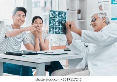 Couple, doctor or excited in clinic for pregnancy, ultrasound or success in fertility treatment. Mature obstetrician, happy people or sonogram of fetus for announcement, IVF achievement or healthcare - Powered by Shutterstock