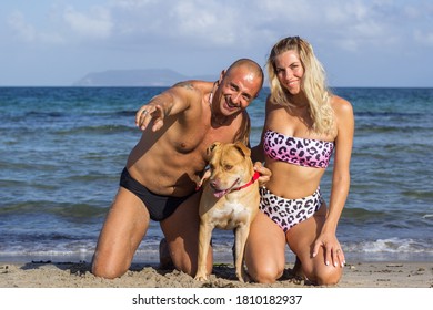 Couple with dog having fun at sea beach