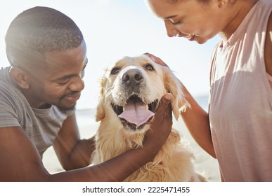 Couple, dog and love, together at beach for fun trip, happy and pets animal with care. Bonding, spending quality time and black man with woman by the ocean on adventure with golden retriever puppy. - Powered by Shutterstock