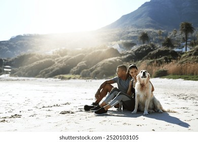 Couple, dog and relax on beach for travel, bonding and tropical holiday with sunshine, love and support. Man, woman and happy outdoor by ocean for vacation, pet and summer with golden retriever puppy - Powered by Shutterstock