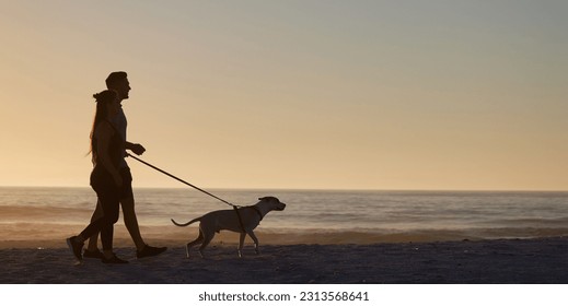 Couple, dog or silhouette at beach, walking or mockup space by sunset sky background, summer and dusk. People, pet and outdoor by ocean, nature or together in mock up for holiday, vacation or freedom - Powered by Shutterstock