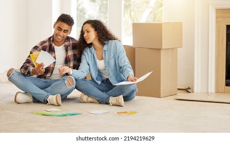 Couple Doing Interior Design In New Home, Man And Woman Painting Room In Property And Moving Into Apartment Together. Creative Black Family In Real Estate House Renovation And Happy With Room Color