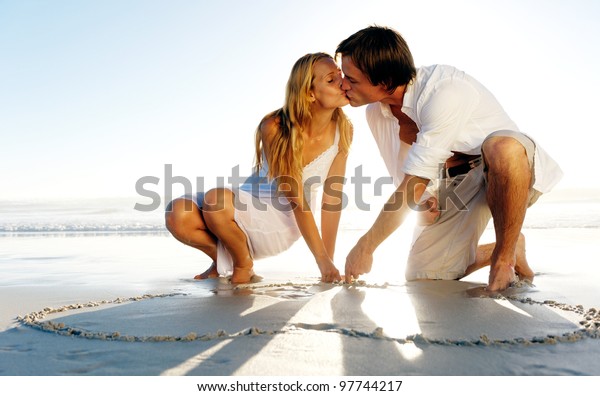 Couple Draw Heart Sand Share Romantic Stock Photo (Edit Now) 97744217
