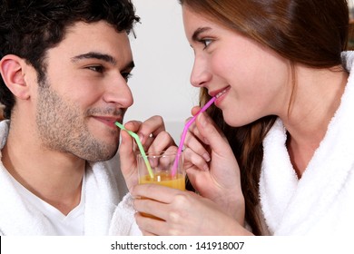 Couple Drinking Orange Juice Same Glass Stock Photo Shutterstock