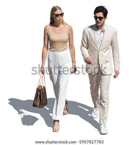 Couple in elegant white summer clothes walking seen from above, isolated on white background