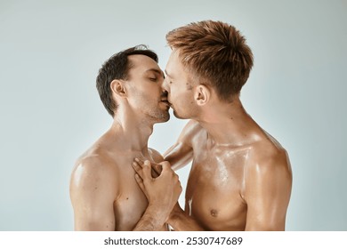 A couple embraces intimately, their lips nearly touching in a heartfelt expression of love. - Powered by Shutterstock