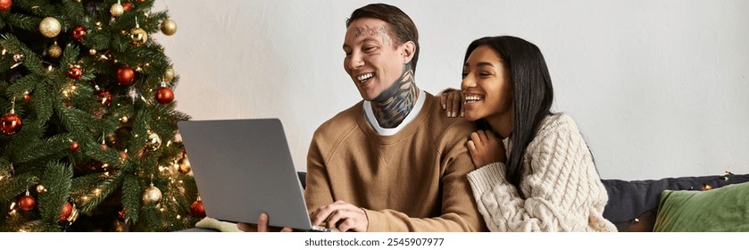 A couple enjoys quality time during Christmas, surrounded by holiday decorations and joy. - Powered by Shutterstock