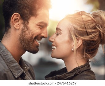 Couple, eye contact and happy in profile, outdoor and bonding with love, care and connection in city. People, man and woman with smile for holiday, summer and together on metro sidewalk in Berlin - Powered by Shutterstock