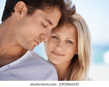 Couple, face or happy outdoor with love, romance and bonding on vacation, holiday or travel. Relationship, man and woman with care, affection and peace in nature with relax or carefree on date