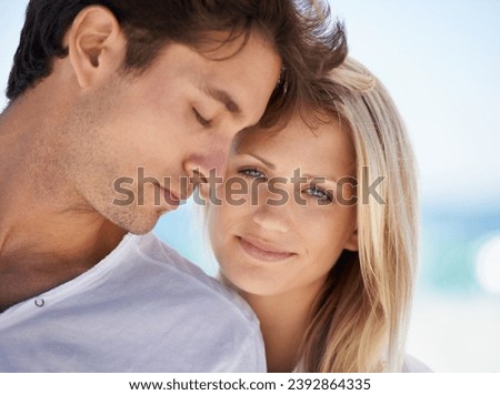 Couple, face or happy outdoor with love, romance and bonding on vacation, holiday or travel. Relationship, man and woman with care, affection and peace in nature with relax or carefree on date