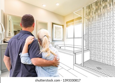 Couple Facing Bathroom Drawing Gradating To Photo.