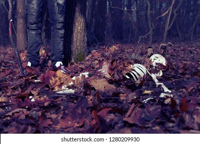 Couple Of Father And Son Found Human Skeleton When Walking In Winter Forest