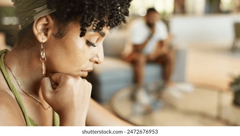 Couple, fight and sad woman thinking in house with anger, divorce and cheating, control or toxic crisis at home together. Marriage, doubt and girl ignore man in living room frustrated, hurt or angry - Powered by Shutterstock