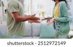 Couple, fighting and hands for crisis in home, toxic marriage and cheating affair in living room. People, separation drama and unhealthy relationship for divorce or breakup, dating fail and argument