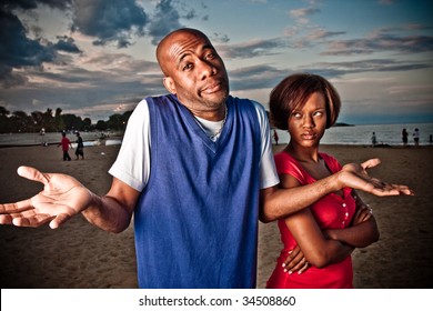 A Couple Fights Outside At Sunset