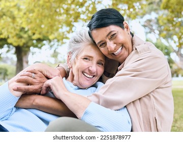 Couple of friends, senior or portrait hug in nature park, garden or relax environment in retirement support or trust. Smile, happy or laughing elderly women in bonding embrace in community backyard - Powered by Shutterstock