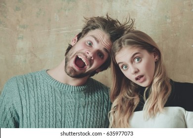 Couple Of Friends Or Surprised Man And Woman With Open Mouth