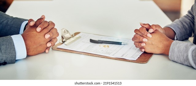 Couple Hand Sign Legal Divorce Documents, Contract Or Paper Deal In A Lawyer Office With Ring Placed On Table. Woman And Man With Signature On Marriage Paperwork After Agreement At Family Law Office