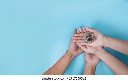 Couple Hands Holding Money Jar, Donation, Saving, Charity, Finance Plan Concept