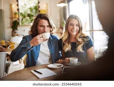 Couple, happy and relax with drink at coffee shop with friends, memory and conversation in morning. People, man and woman with latte, espresso and smile with reunion, brunch and tea cup at cafeteria - Powered by Shutterstock